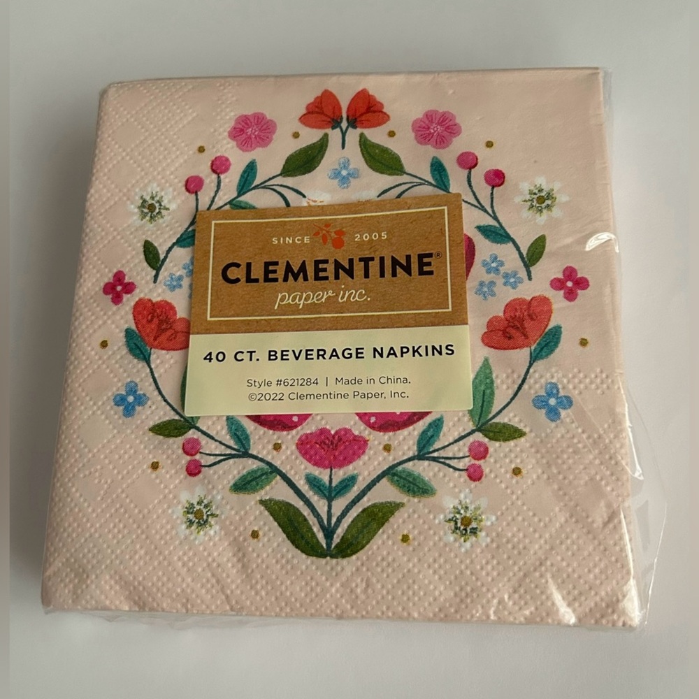 New 40 Pink Paper Beverage Napkins Clementine Butterflies Flowers Leaves